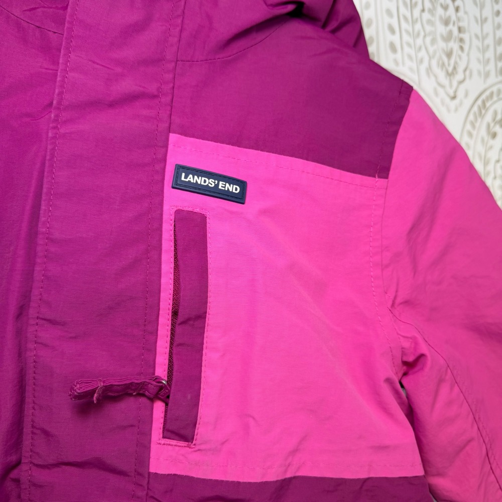Lands End Kids Squall Jacket Pink Purple Hooded Waterproof Fleece Lined XS 4-5 - Picture 10 of 11